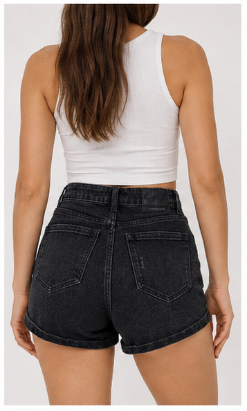 Short de Mezclilla Negro de Tiro Alto con Dobladillo Doblado