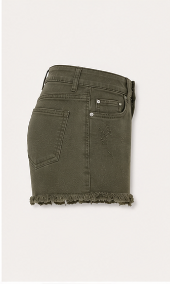 Short de Mezclilla de Tiro Alto Verde Olivo con Dobladillo Deshilachado