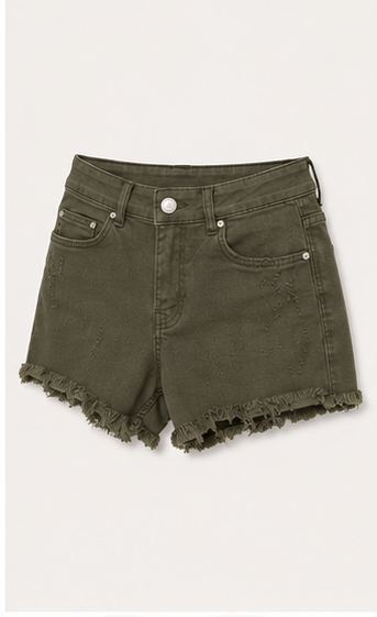 Short de Mezclilla de Tiro Alto Verde Olivo con Dobladillo Deshilachado