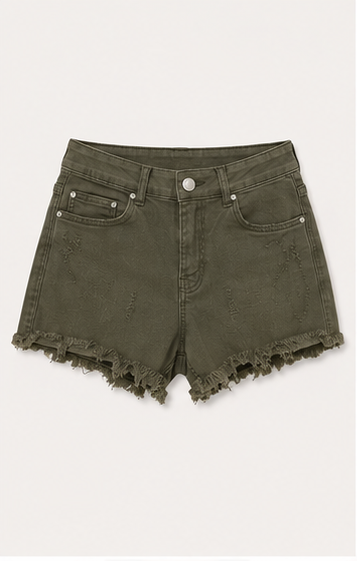 Short de Mezclilla de Tiro Alto Verde Olivo con Dobladillo Deshilachado