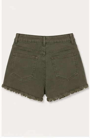 Short de Mezclilla de Tiro Alto Verde Olivo con Dobladillo Deshilachado
