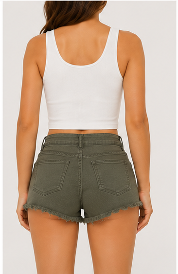 Short de Mezclilla de Tiro Alto Verde Olivo con Dobladillo Deshilachado