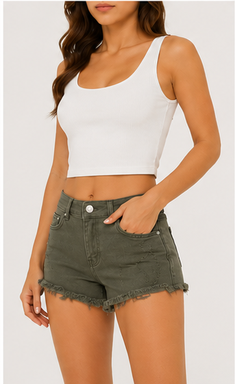 Short de Mezclilla de Tiro Alto Verde Olivo con Dobladillo Deshilachado