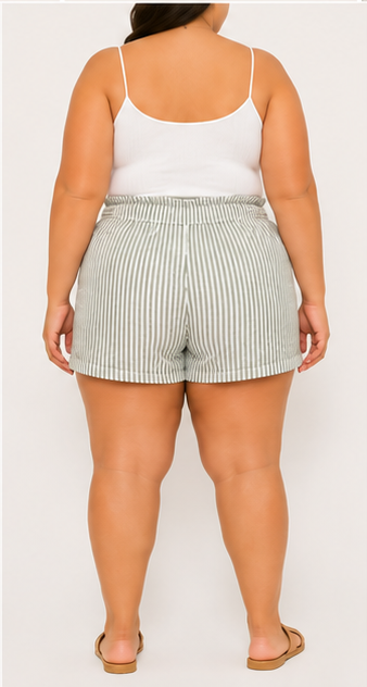 Short de Rayas Verde Olivo con Cinturón para Mujer