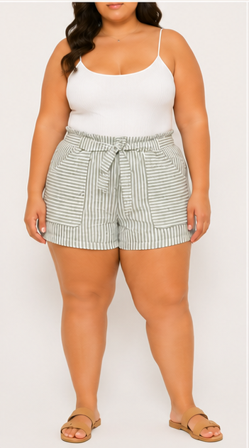 Short de Rayas Verde Olivo con Cinturón para Mujer