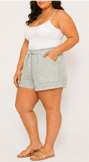 Short de Rayas Verde Olivo con Cinturón para Mujer