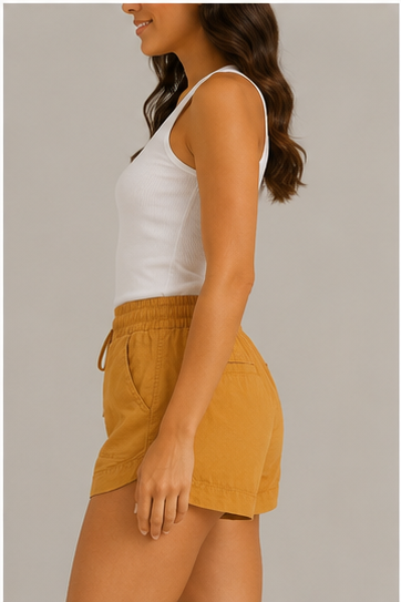 Short de Tiro Alto con Cintura Elástica y Cordón Ajustable Mostaza