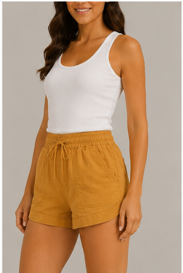 Short de Tiro Alto con Cintura Elástica y Cordón Ajustable Mostaza