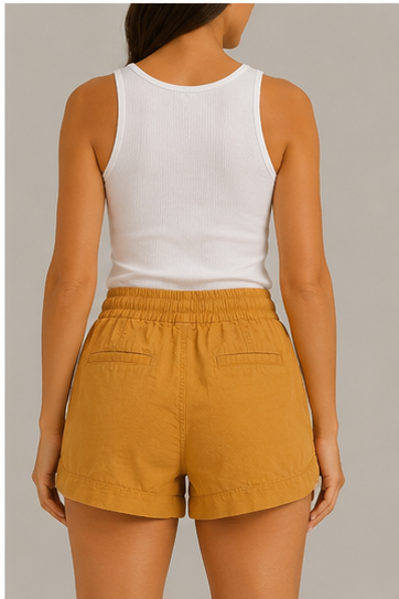 Short de Tiro Alto con Cintura Elástica y Cordón Ajustable Mostaza