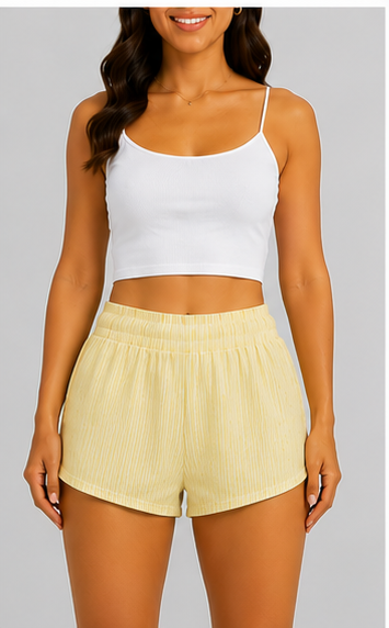 Short de Tiro Alto a Rayas con Cintura Elástica Amarillo Pastel
