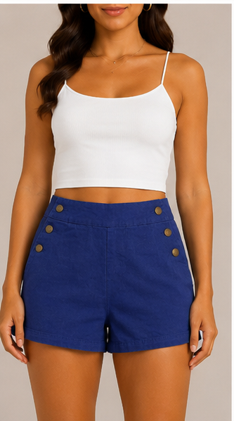 Short de Tiro Alto con Botones Decorativos Azul Rey