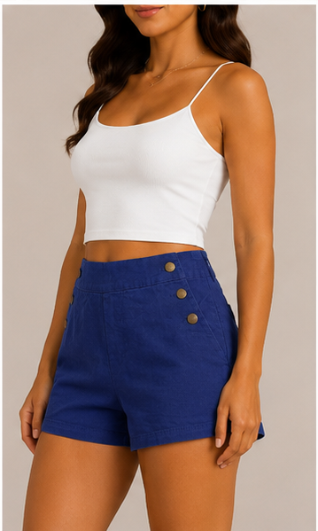 Short de Tiro Alto con Botones Decorativos Azul Rey