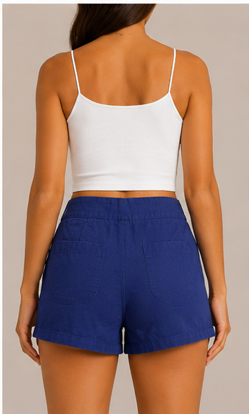 Short de Tiro Alto con Botones Decorativos Azul Rey