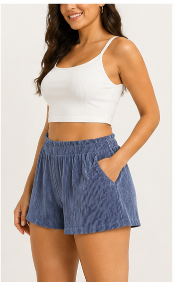 Short Plisado Azul de Tiro Alto