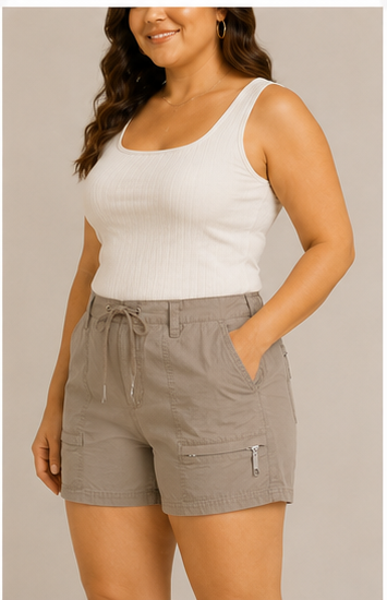 Short Cargo Tiro Alto Color Taupe con Bolsillos