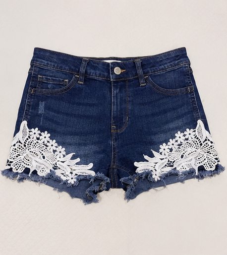 Short de Mezclilla de Tiro Alto con Encaje Floral