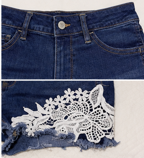 Short de Mezclilla de Tiro Alto con Encaje Floral