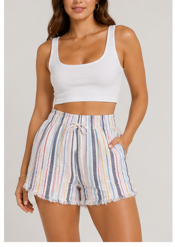 Short de Rayas Multicolor con Cintura Elástica y Cordón Ajustable