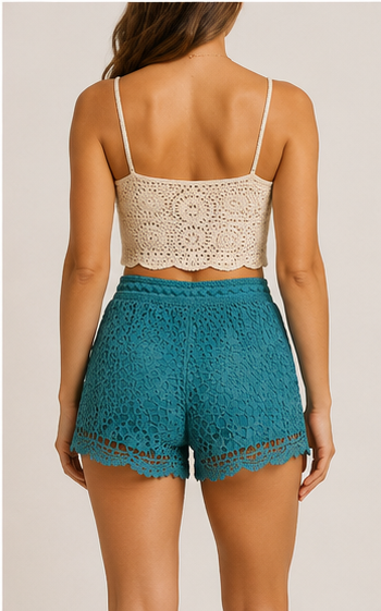 Short de Encaje Turquesa de Pretina Alta