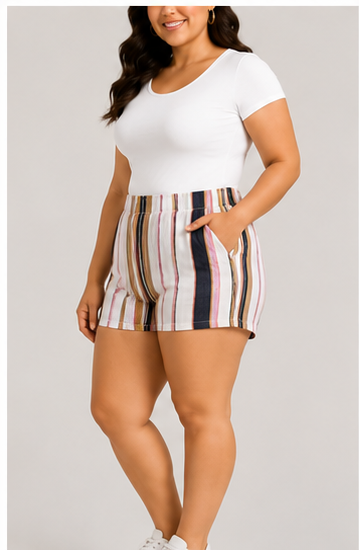 Short de Tiro Alto con Estampado de Rayas Multicolor