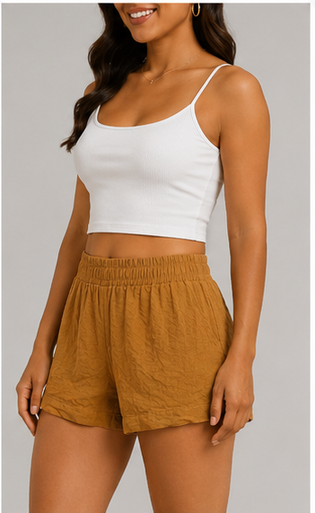 Short de Lino de Tiro Alto con Cintura Elástica Camel