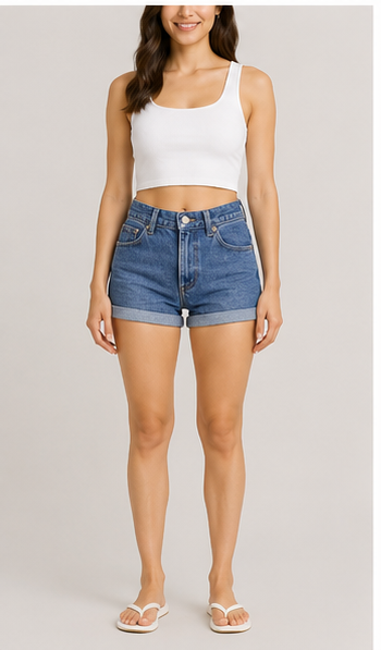 Short de Mezclilla Azul de Tiro Alto con Dobladillo