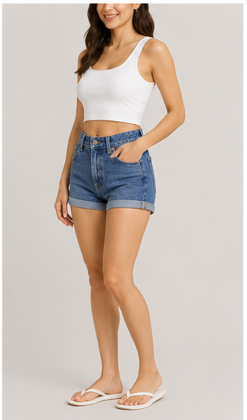 Short de Mezclilla Azul de Tiro Alto con Dobladillo