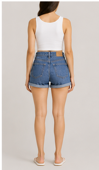 Short de Mezclilla Azul de Tiro Alto con Dobladillo