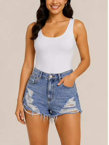 Short de Mezclilla Desgastado de Tiro Alto