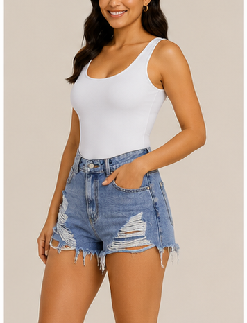 Short de Mezclilla Desgastado de Tiro Alto