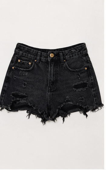 Short Denim Negro Desgastado de Cintura Alta