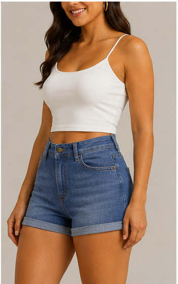 Short de Mezclilla de Tiro Alto con Dobladillo