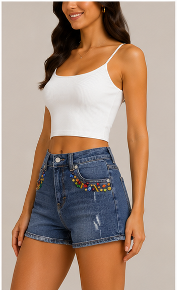 Short de mezclilla con bordado multicolor