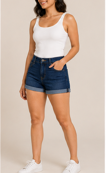 Short de Mezclilla Azul de Tiro Alto con Dobladillo