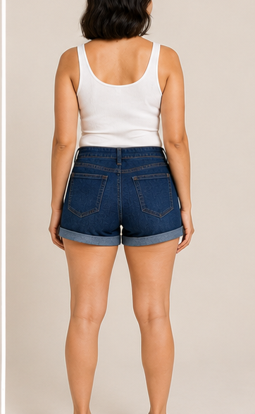 Short de Mezclilla Azul de Tiro Alto con Dobladillo