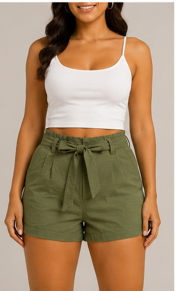 Short de Cintura Alta con Lazo Ajustable – Verde Oliva