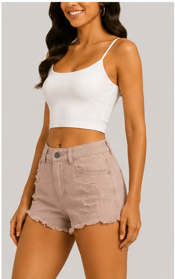 Short de Mezclilla de Tiro Alto con Detalles Desgastados