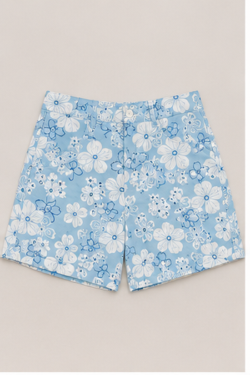Short Floral Azul de Tiro Alto