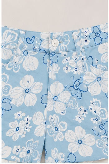 Short Floral Azul de Tiro Alto