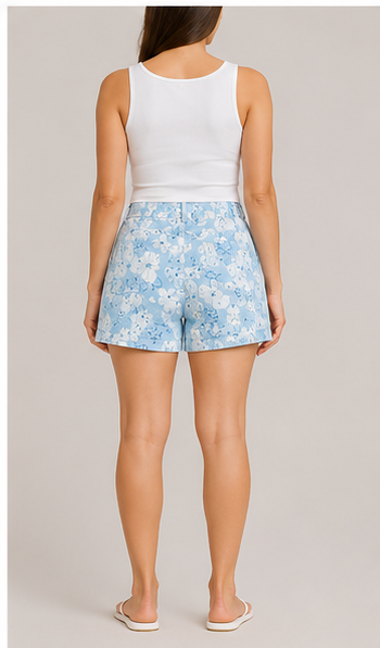 Short Floral Azul de Tiro Alto