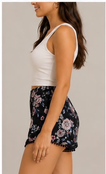 Short Floral Negro con Detalle de Pompones