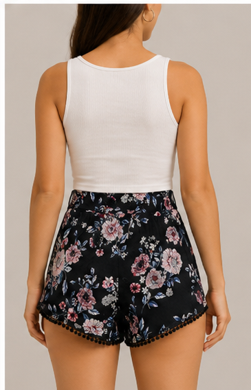 Short Floral Negro con Detalle de Pompones