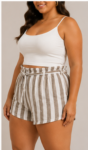 Short de Lino a Rayas con Cintura Alta