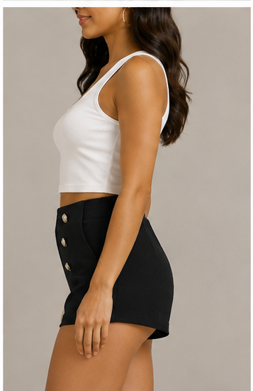 Short de Tiro Alto Negro con Botones Decorativos