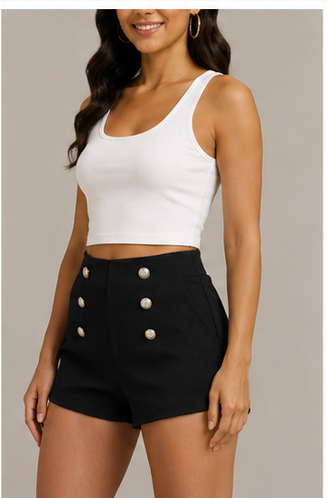 Short de Tiro Alto Negro con Botones Decorativos