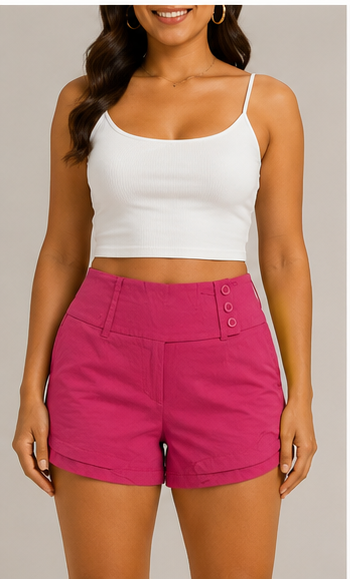 Short de Tiro Alto con Pretina Ancha y Botones Decorativos