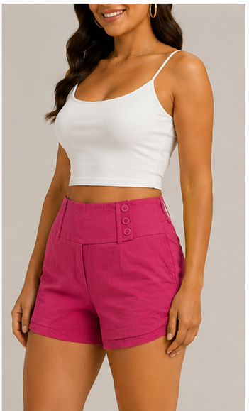 Short de Tiro Alto con Pretina Ancha y Botones Decorativos