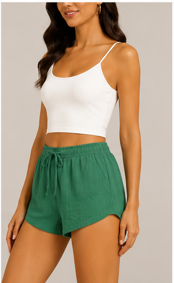 Short de Lino Verde con Cintura Elástica y Cordón para Mujer