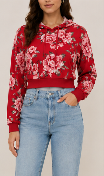 Suéter tipo hoodie corto con estampado floral