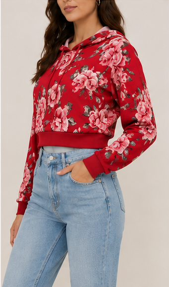 Suéter tipo hoodie corto con estampado floral